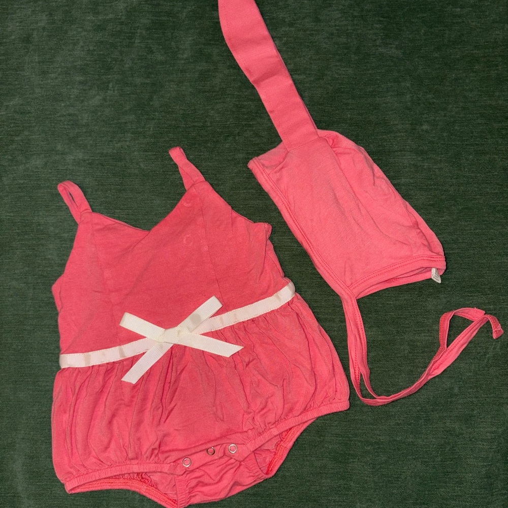 Kate Quinn Pink Skinny Bow Romper with matching bunny ear bonnet
